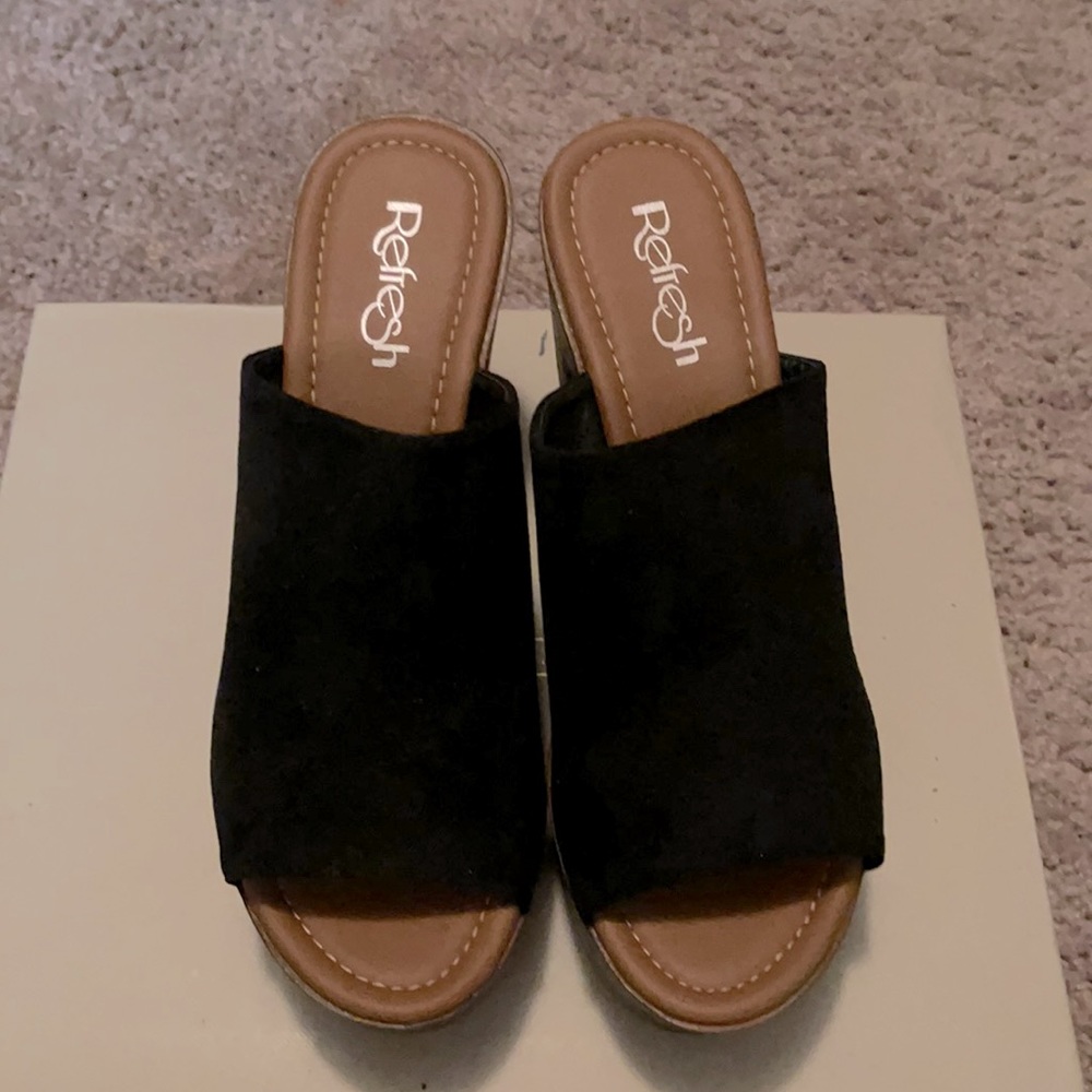Black suede open toe slip on clog mule
